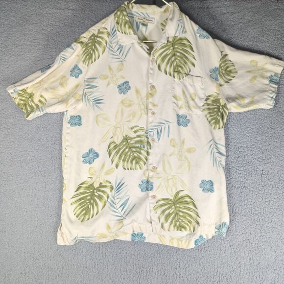 Tommy Bahama Shirt Mens Medium Tan Button Up Silk Hawaiian Floral Short Sleeve - Picture 1 of 6